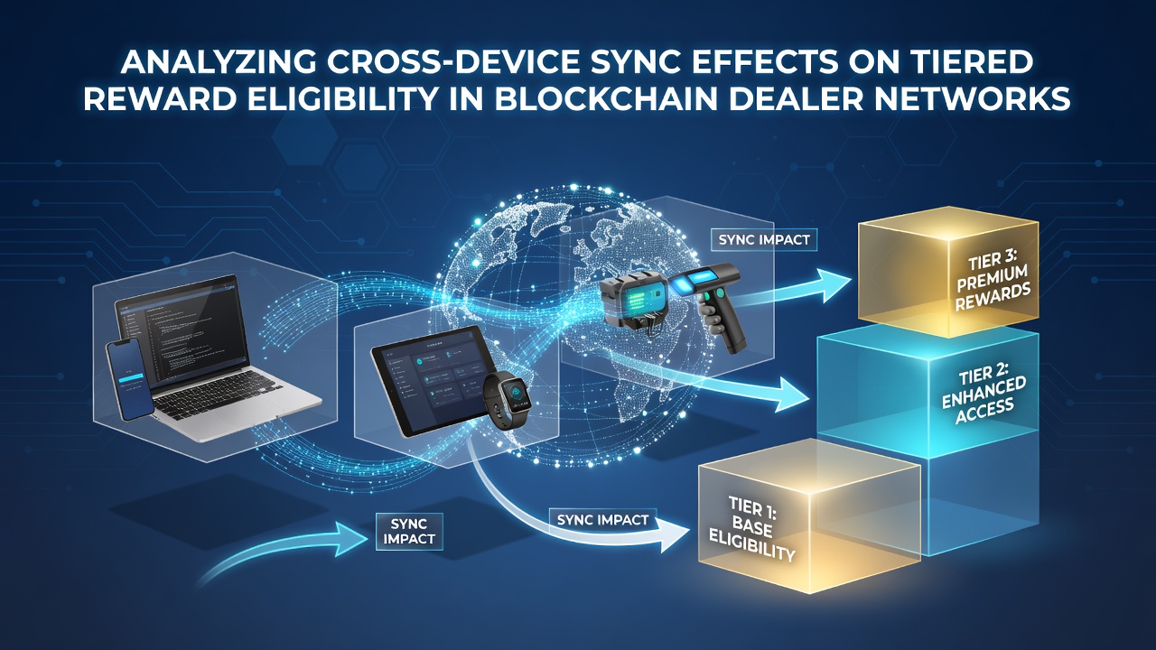 Blockchain dealer network dashboard showing synchronized reward tiers across multiple devices