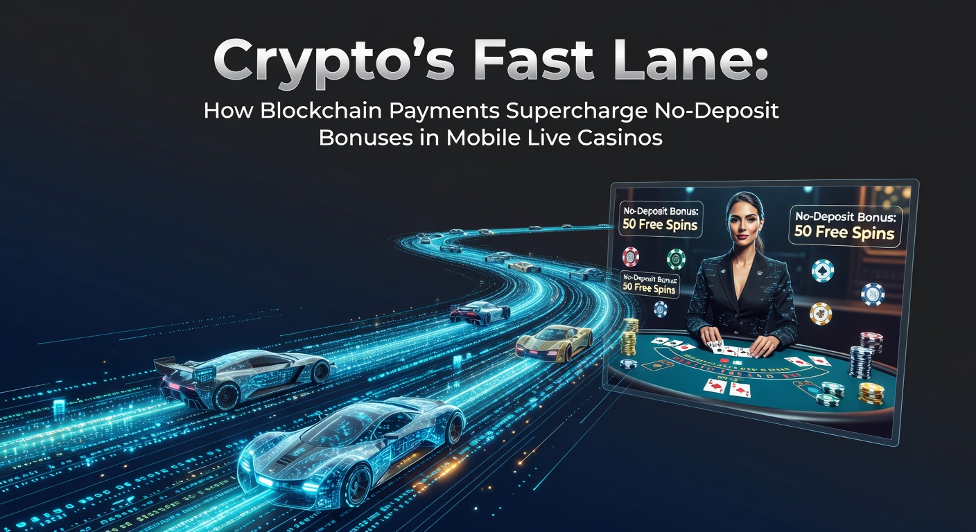 Blockchain network visualization showing fast crypto transactions lighting up a mobile casino interface with live dealer games and no-deposit bonus icons