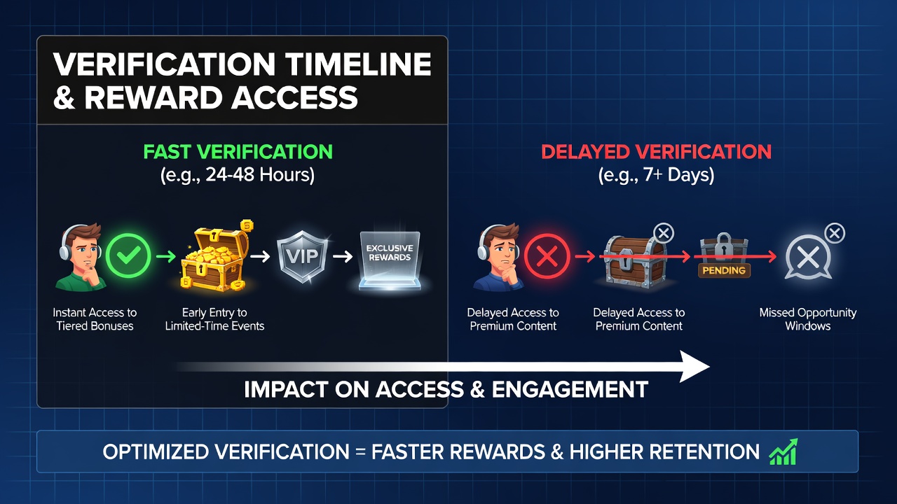 Timeline graphic illustrating verification stages and reward program activation points on gaming platforms