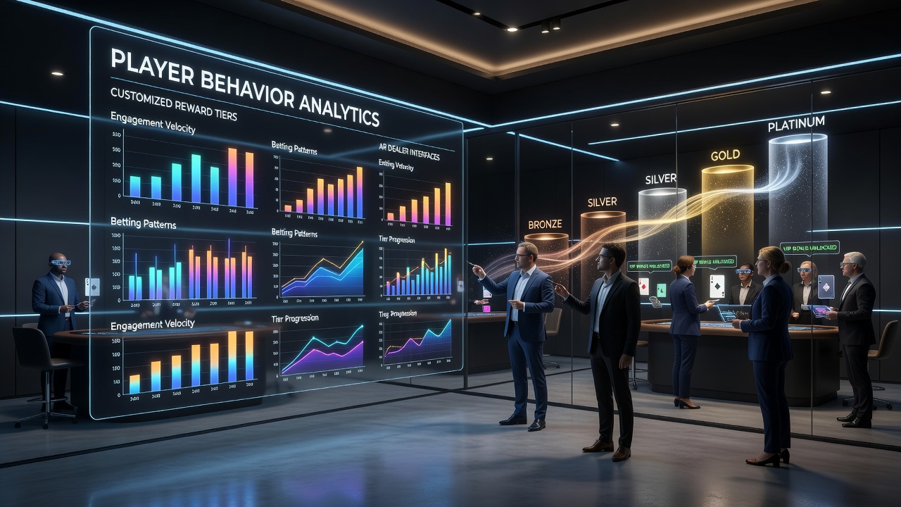 Augmented reality dealer interface showing real-time player analytics dashboard with reward tier indicators