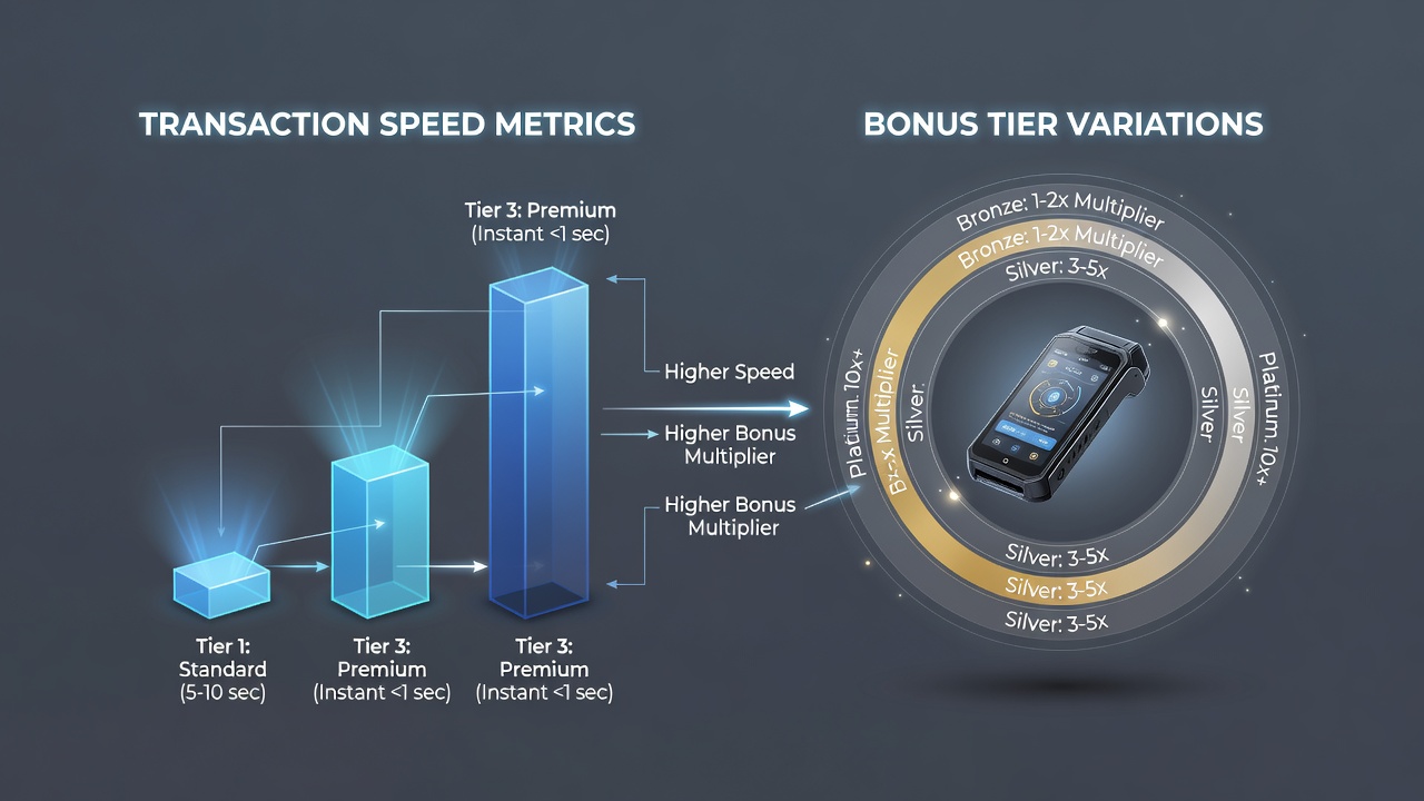 Mobile device screen illustrating varied bonus tiers linked to crypto transaction velocities in interactive gaming